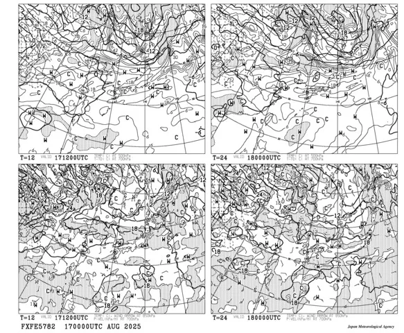 500hPa・850hPaの等温線と風向を示す気象庁の予想図（FXFE5782）