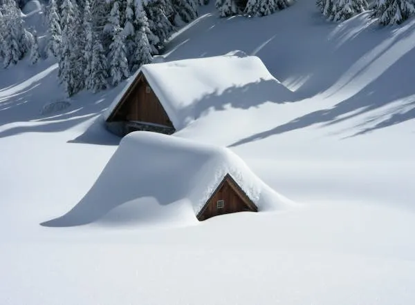 家が雪に埋もれている様子