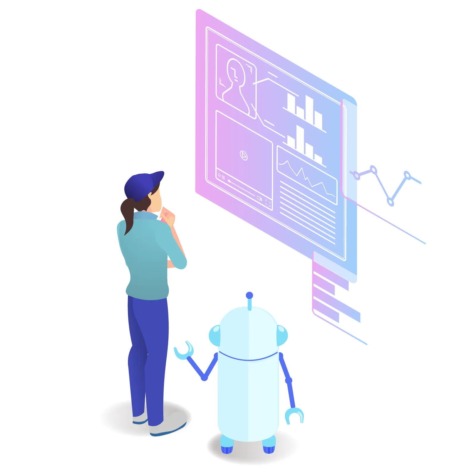 未来の天気予報を画面で確認している人のイラスト