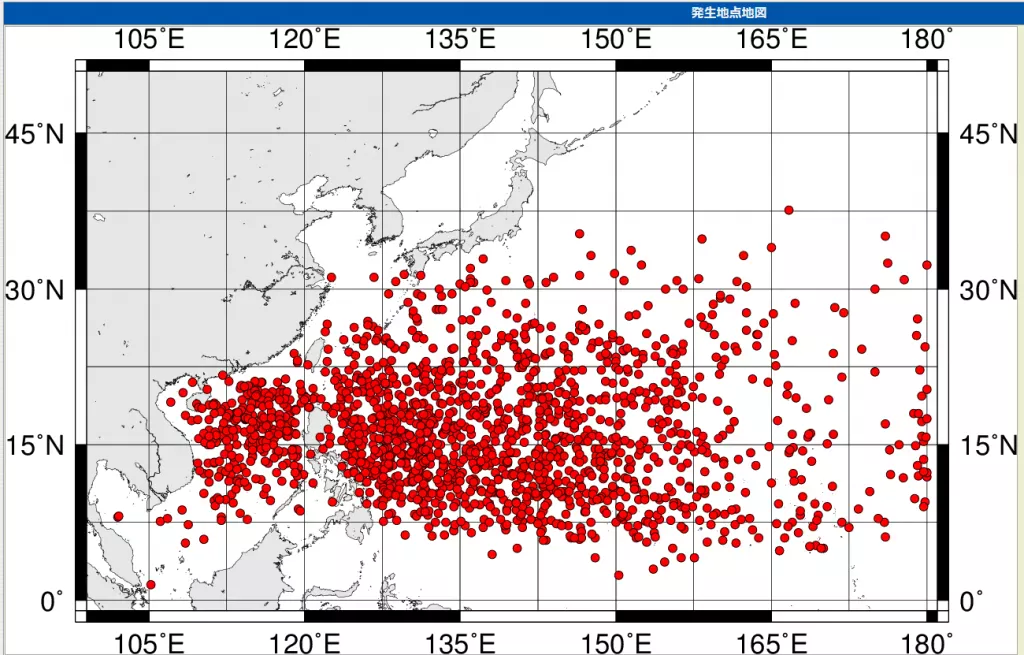 台風の発生地点を示した地図