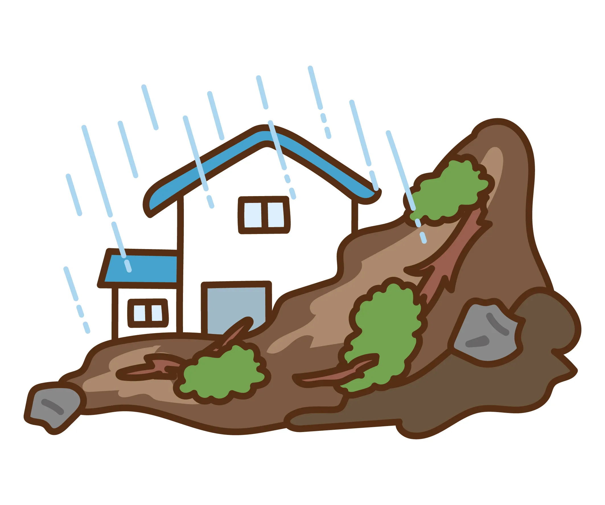 山の斜面から土砂が流れ、住宅に迫る土石流のイラスト