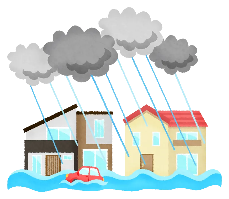 記録的な大雨によって発生した洪水のイメージ図