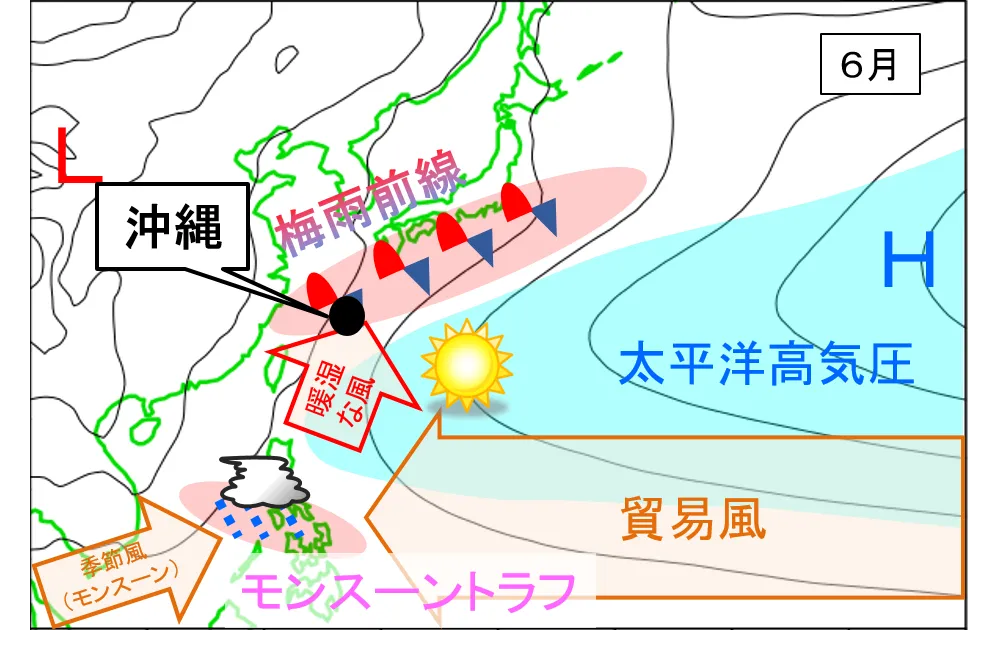 6月のモンスーントラフの位置と大気の流れを示した模式図