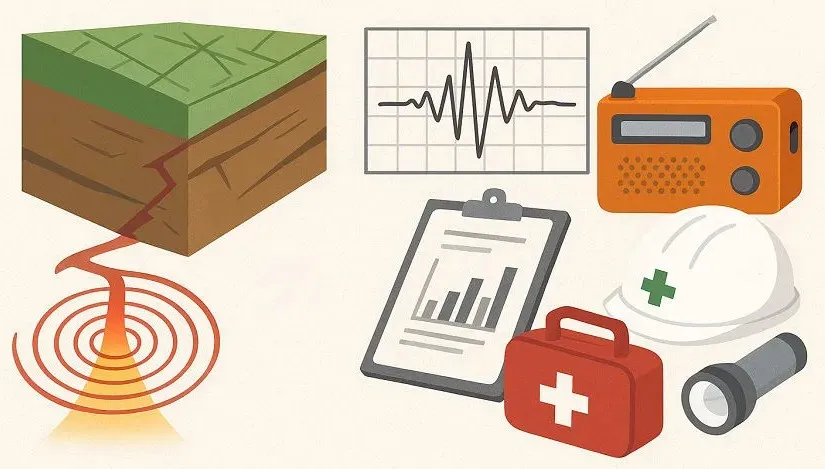 地震の発生の仕組みを示す断面図と、ラジオや救急箱などの防災グッズのイラスト
