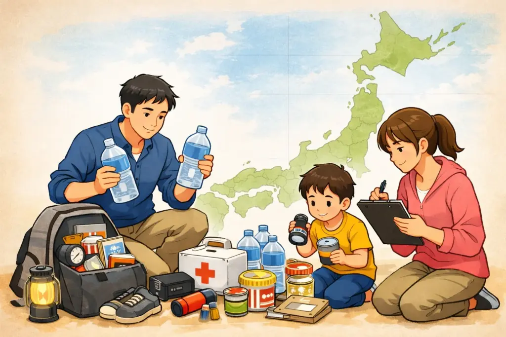 後発地震に備えて、家族で防災用品を確認している様子