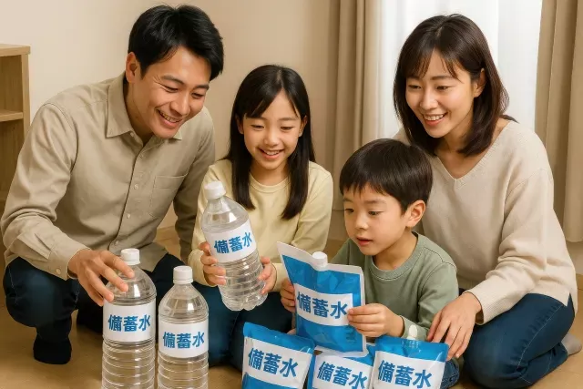 後発地震に備えて、家族で備蓄水の確認を行う様子