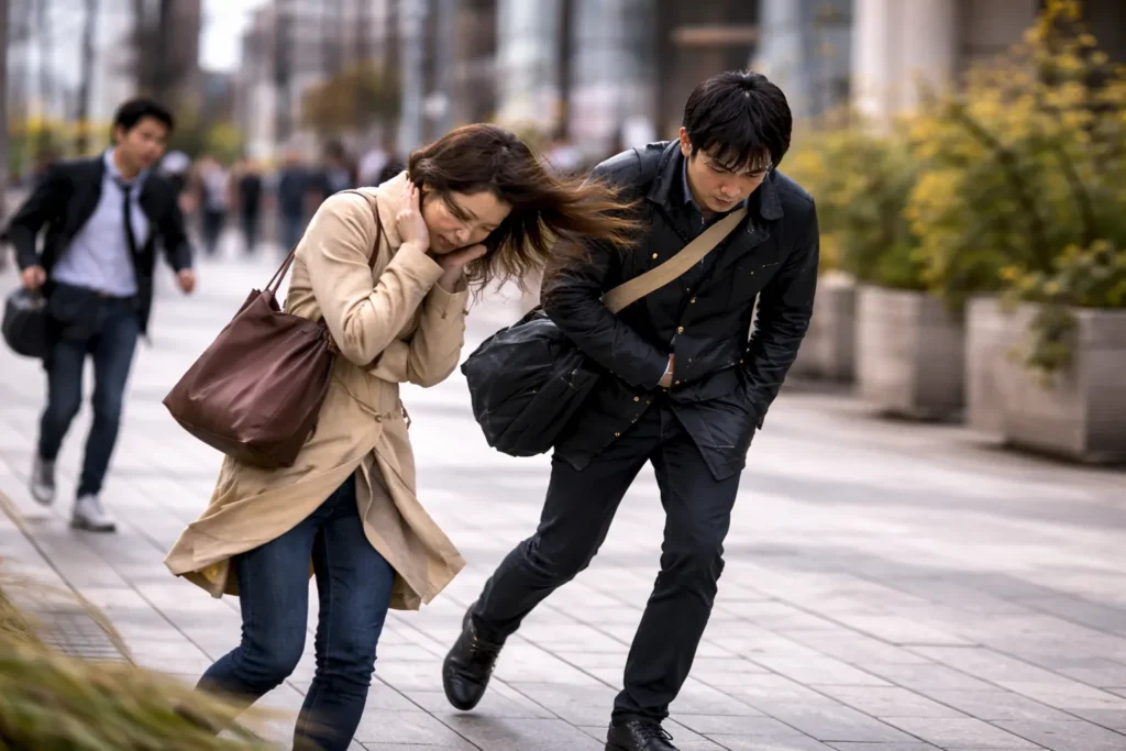 春一番の強風にあおられ、街中を足早に歩く人々の風景