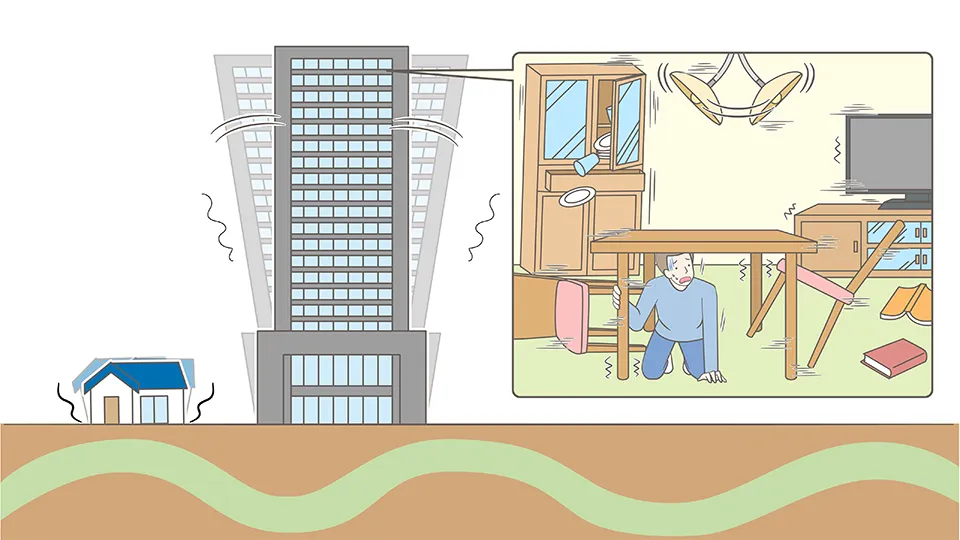 長周期地震の揺れで高層ビルや住宅が大きく揺れ、室内では机の下に避難する人の様子