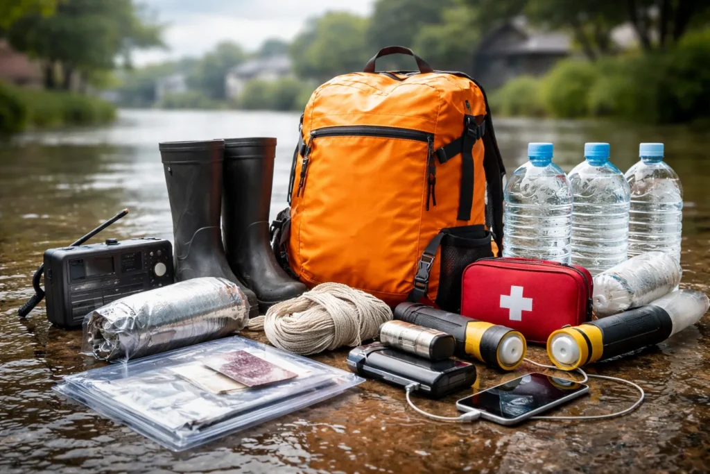 浸水した道路を背景に、防水リュックや長靴、モバイルバッテリーなど水害対策の防災グッズを並べた様子